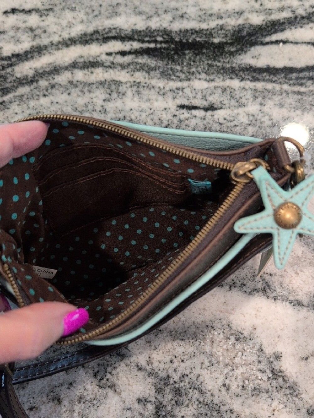 Chala Mint and Brown Turtles Applique Crossbody Bag - Picture 5 of 5